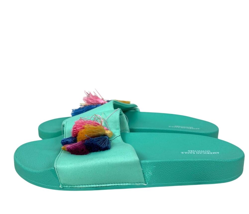 American Eagle Womens 10 Blue Tassel Boho Slip On Slide Beach Summer Sandals NWT